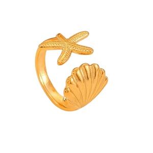 Gold Shell and Starfish Adjustable Ring
